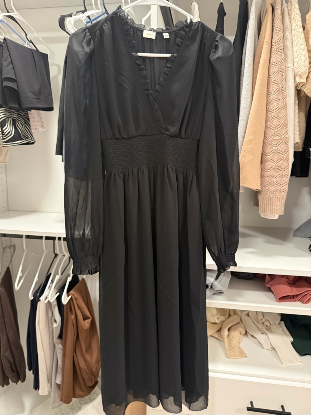 Aritzia Women’s Long Sleeve V-Neck Smocked Waist Dress - black